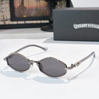 Chrome sunglasses with dark gray lenses, silver-tone metal frame, and curved temples.