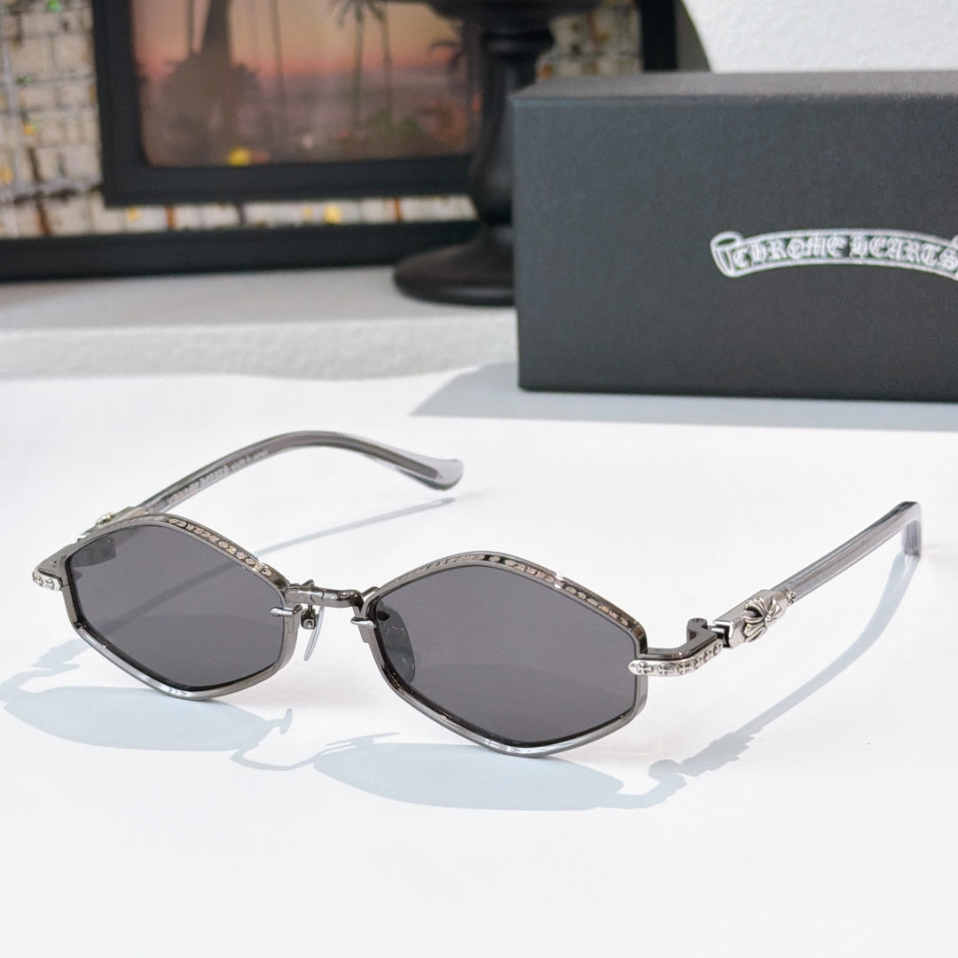 Chrome sunglasses with dark gray lenses, silver-tone metal frame, and curved temples.
