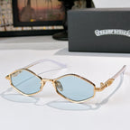 Chrome sunglasses with light blue lenses, gold-tone metal accents, and curved temples.