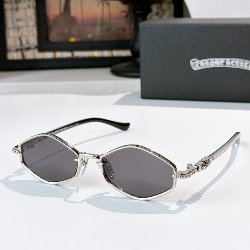 Chrome sunglasses with dark gray lenses, silver-tone metal frame, and curved temples.