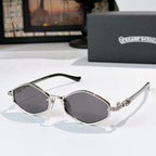 Chrome sunglasses with dark gray lenses, silver-tone metal frame, and curved temples.