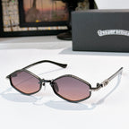 Chrome sunglasses with purple-tinted lenses, black metal frame, and curved temples.
