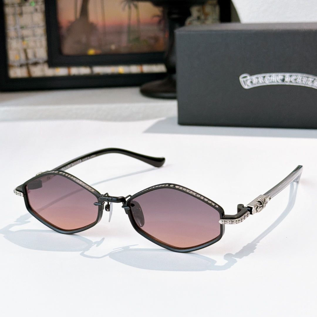 Chrome sunglasses with purple-tinted lenses, black metal frame, and curved temples.