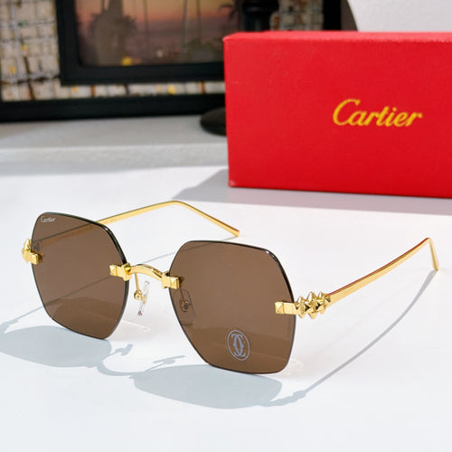 Cartier sunglasses with brown tinted lenses and thin gold frame, metal hinge details