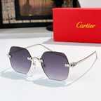 Cartier sunglasses with dark purple tinted lenses and thin silver frame, gold temple details
