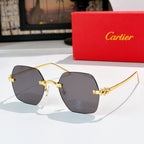 Cartier sunglasses with dark gray tinted lenses and gold frame, metal temple link details
