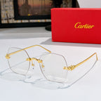 Cartier sunglasses with clear lenses and slim gold frame, metal hinge and temple details