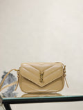 YSL quilted beige crossbody bag with flap, YSL logo, and gold hardware