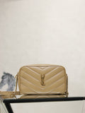 Quilted leather shoulder bag with chain strap and YSL logo clasp, light tan