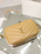 Quilted leather shoulder bag with YSL logo clasp and chain strap, light tan