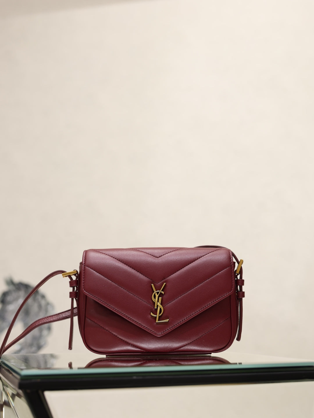 YSL quilted leather crossbody bag in burgundy, YSL monogram and gold hardware