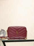 YSL bag in burgundy with chevron quilting, gold YSL logo, and gold chain strap