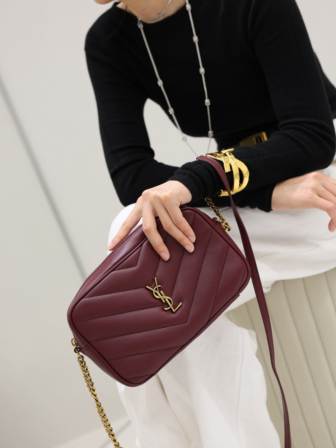 YSL quilted shoulder bag with YSL monogram, burgundy, gold chain handle