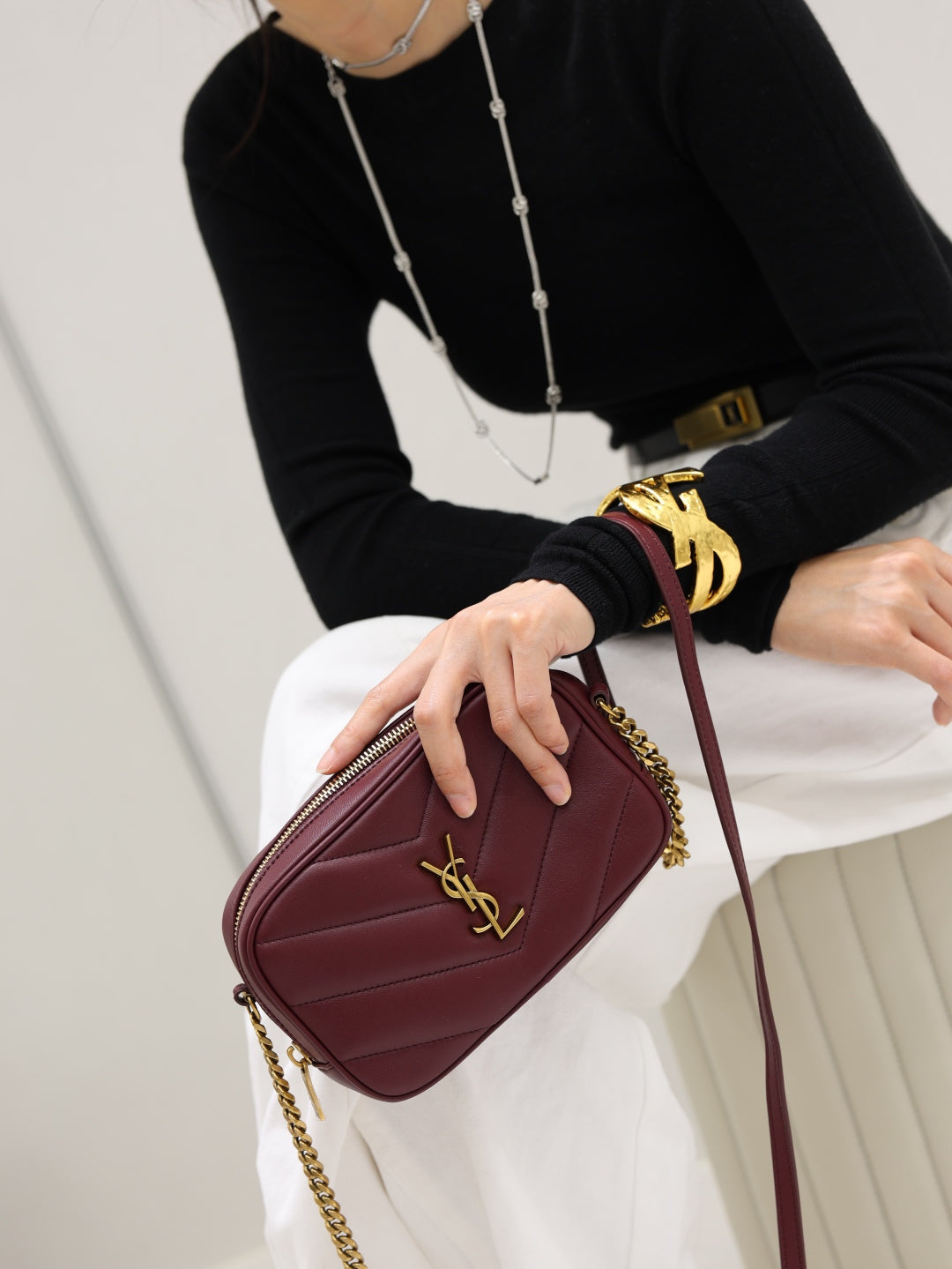 YSL quilted shoulder bag with YSL monogram, burgundy, crossbody gold chain