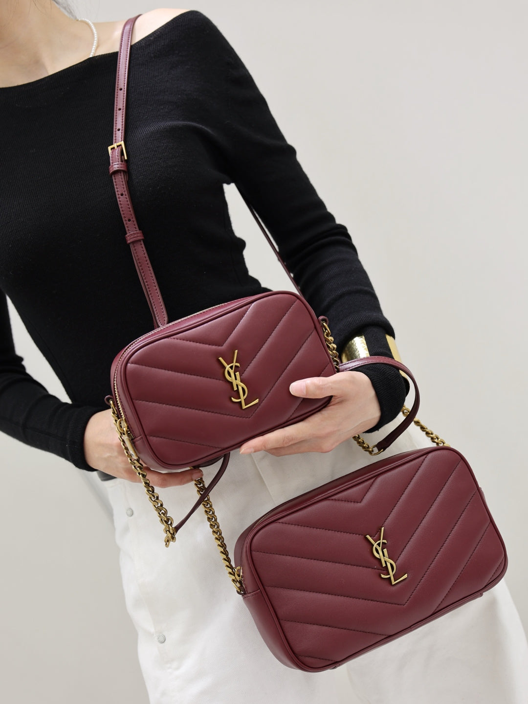 YSL quilted shoulder bag with YSL monogram, burgundy, crossbody style