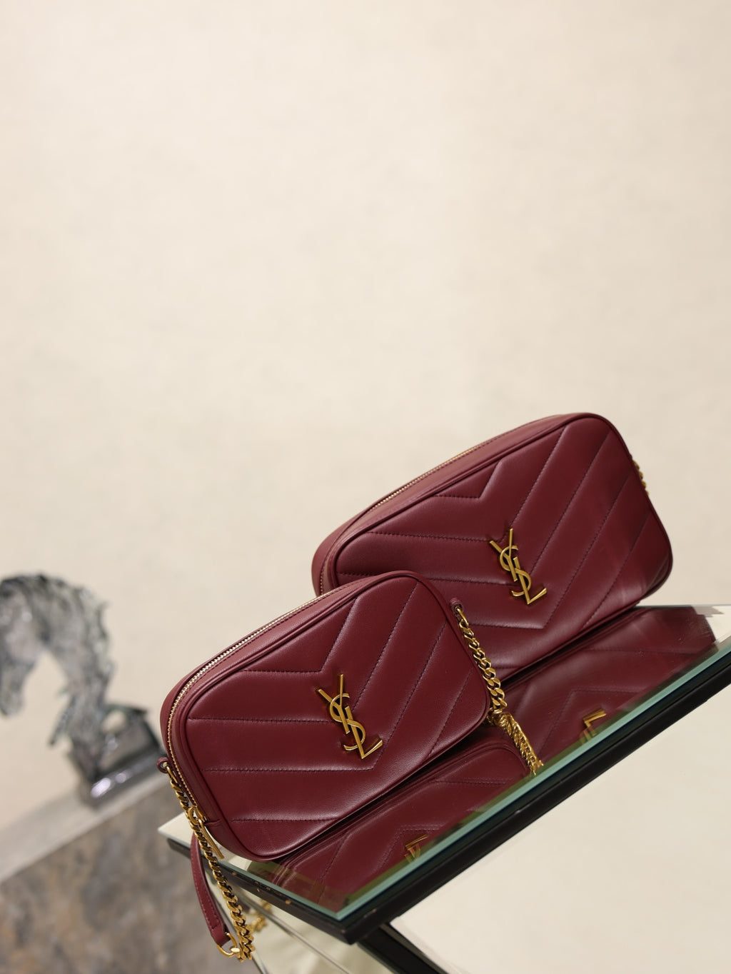 YSL quilted shoulder bag with YSL monogram and gold chain, burgundy