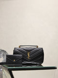 Black quilted shoulder bag with YSL logo and small matching card holder