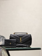 Black quilted shoulder bag with YSL logo and small matching card holder