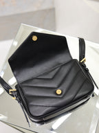 Black quilted YSL bag with gold button closure on flap and side straps
