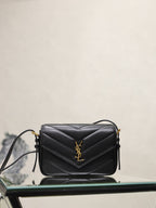 Black quilted YSL shoulder bag with gold logo, front flap and chain strap