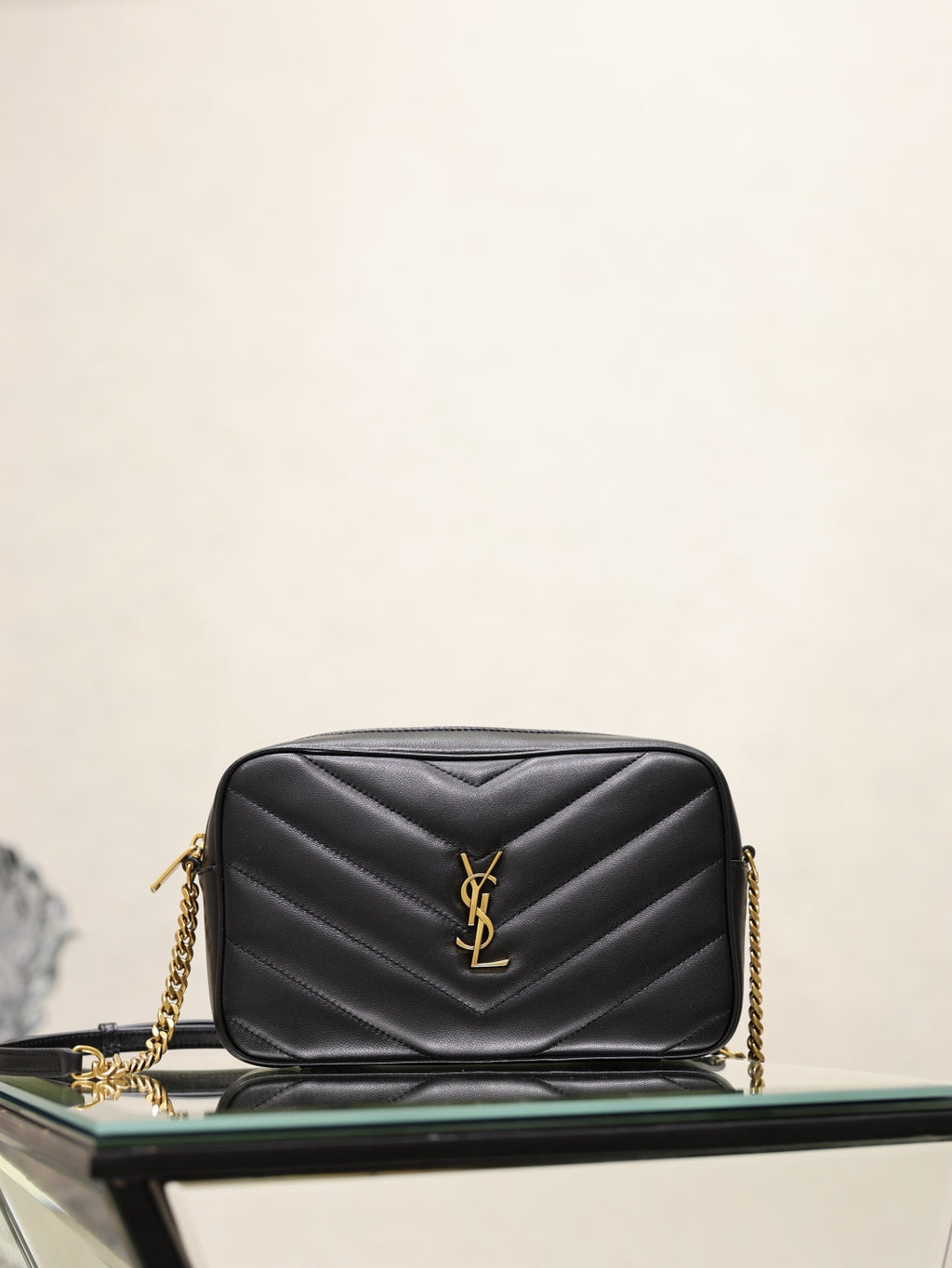 YSL quilted shoulder bag, black leather with gold YSL logo and chain strap