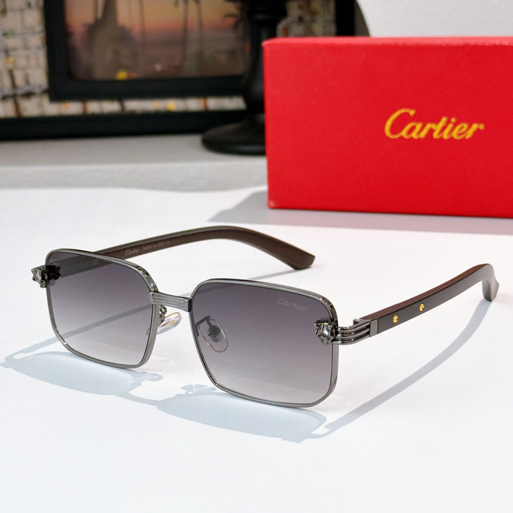 Square sunglasses with dark lenses, silver-tone metal frame, and brown temples.