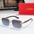 Square sunglasses with dark lenses, gold metal frame, and brown temple tips.
