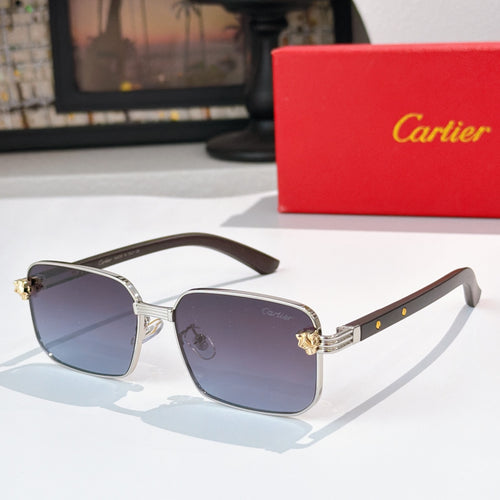 Square sunglasses with dark lenses, gold metal frame, and brown temple tips.