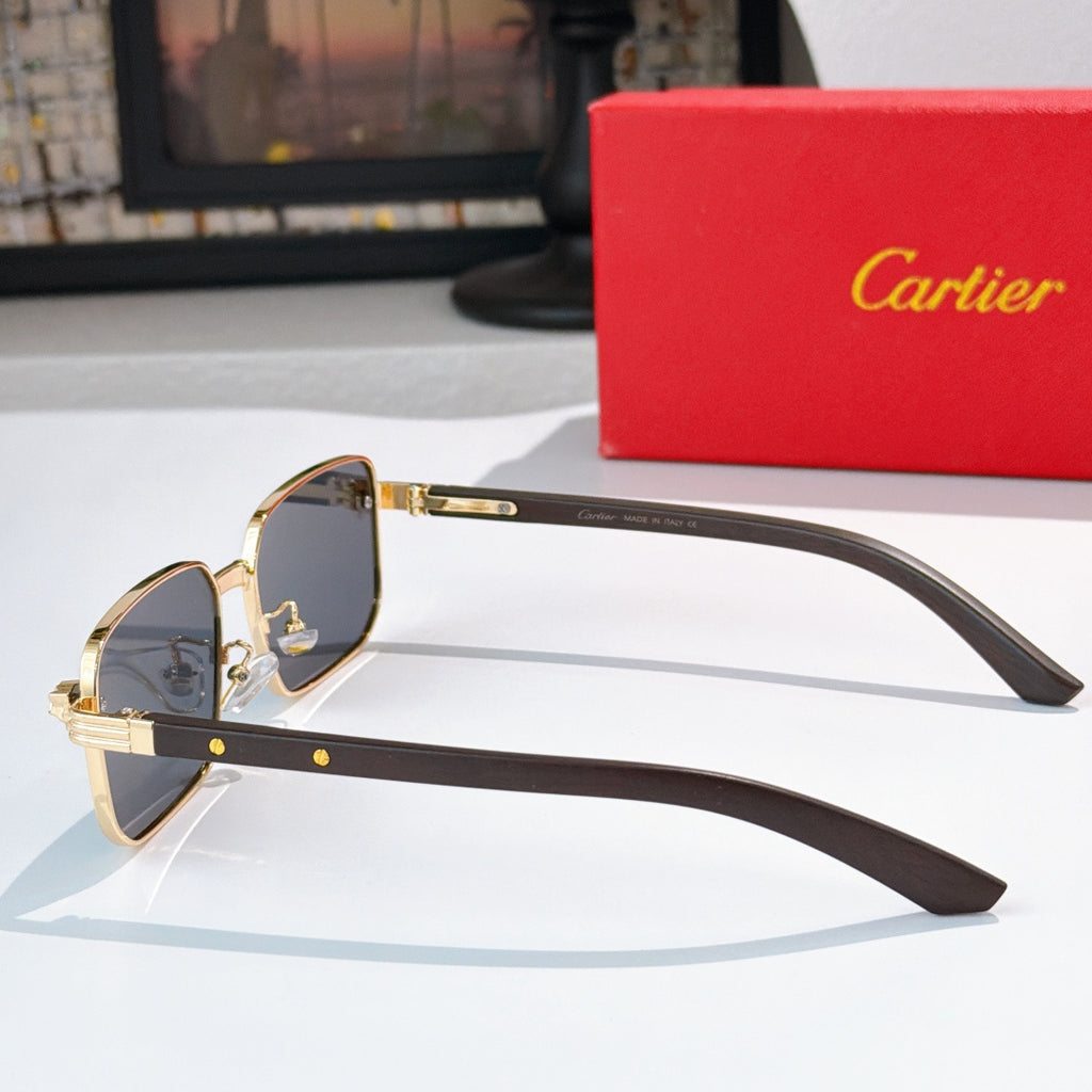 Square sunglasses with dark lenses, gold frame, and brown temple arms.