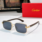 Square sunglasses with dark lenses, gold metal frame, and brown temple arms.