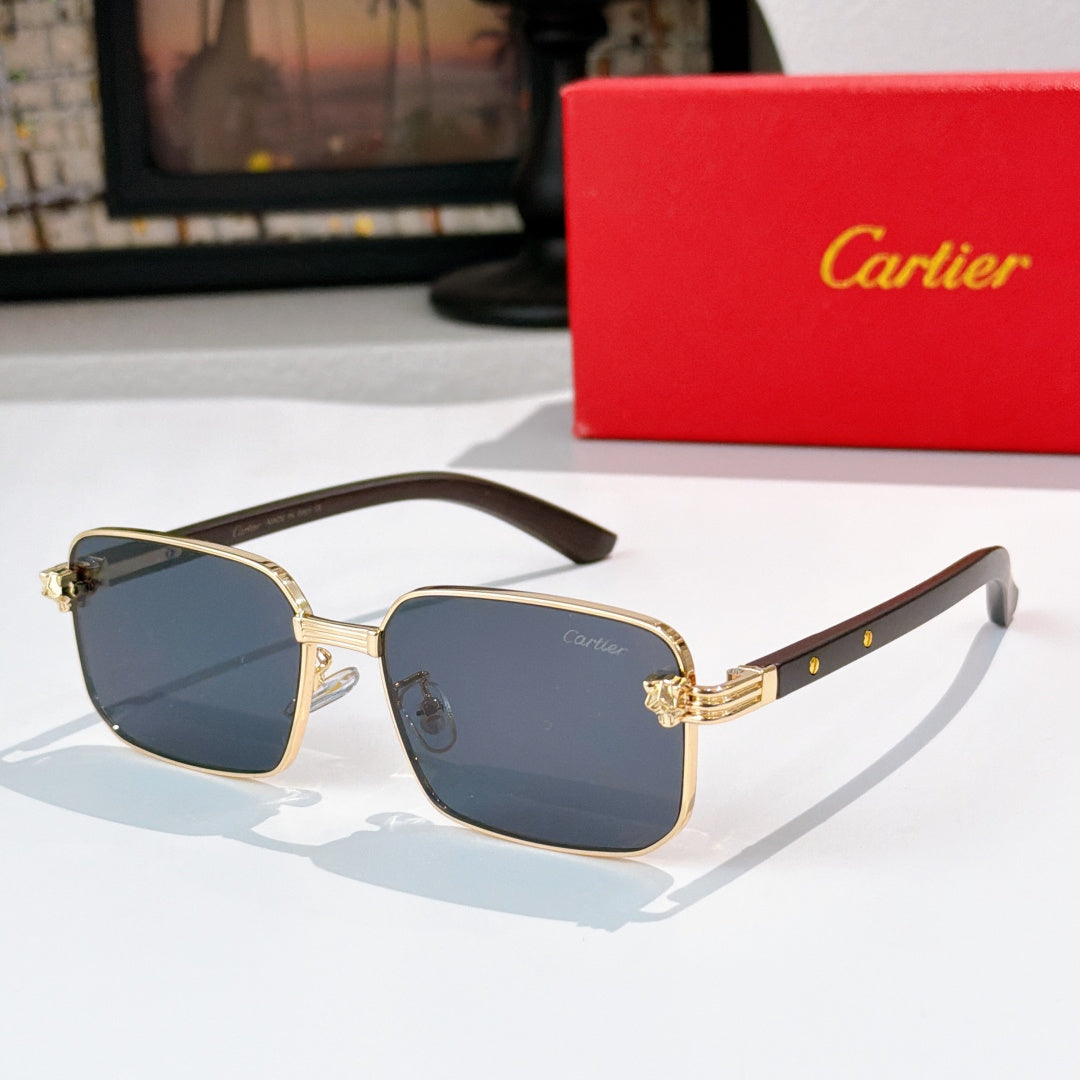 Square sunglasses with dark lenses, gold metal frame, and brown temple arms.