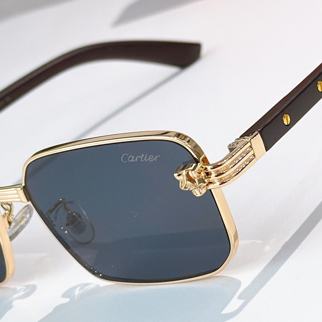Close-up of square sunglasses: gold frame, dark lens, brown temple with gold detail.