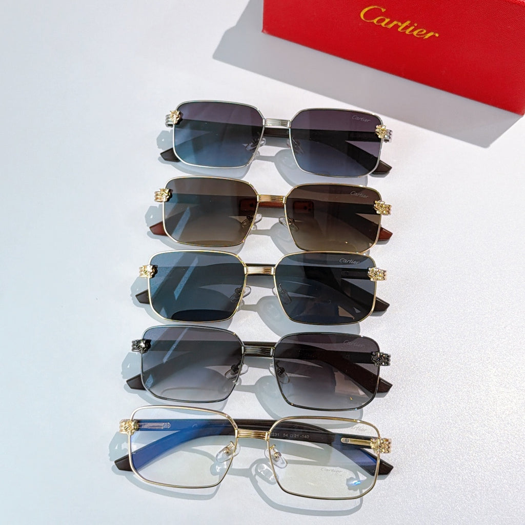 Stacked square sunglasses with gold frames and dark gradient lenses.