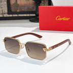Square sunglasses with dark lenses and gold metal frame, brown curved temples.