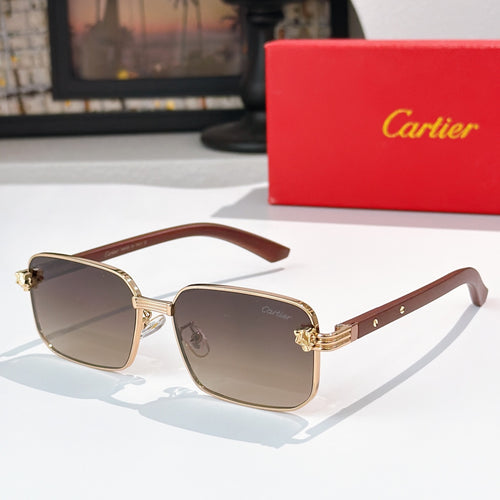 Square sunglasses with dark lenses and gold metal frame, brown curved temples.