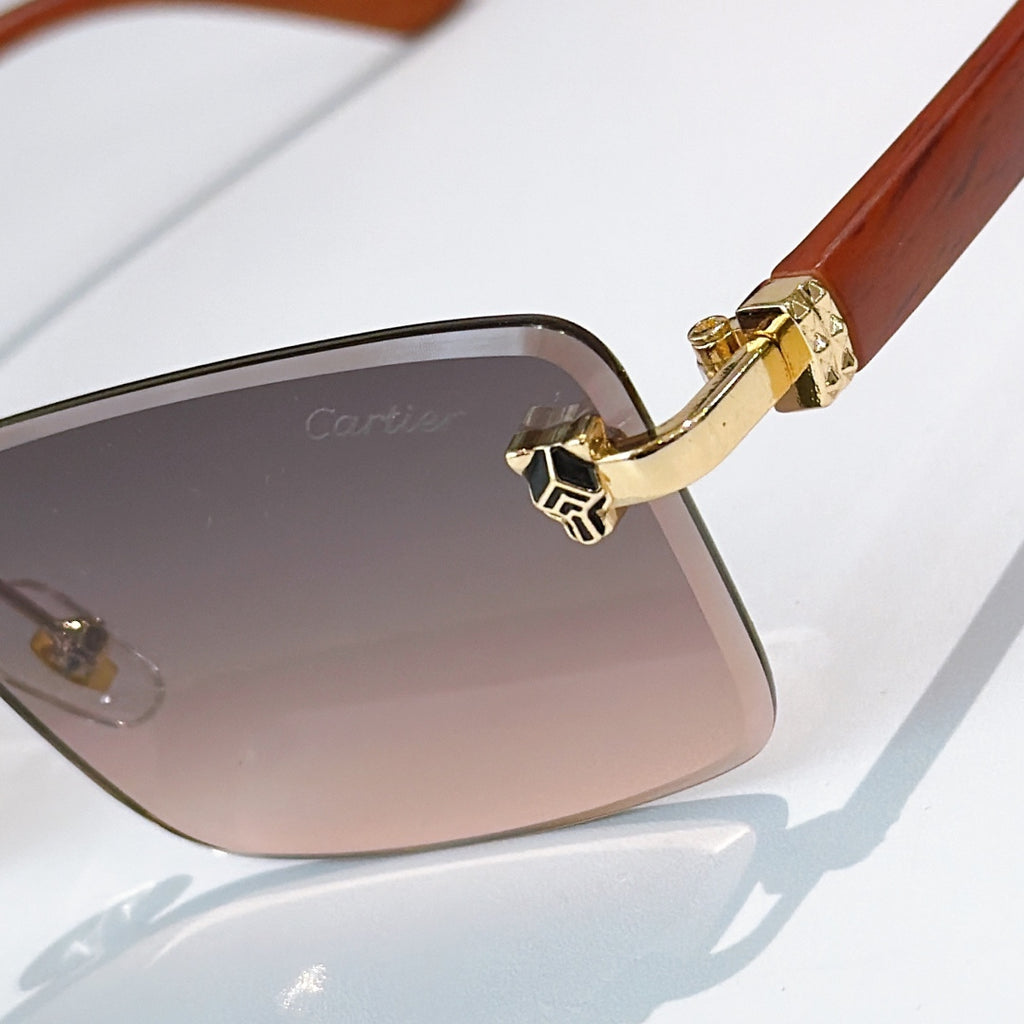 Sunglasses close-up: gold hinge detail, dark frame, gradient brown lens