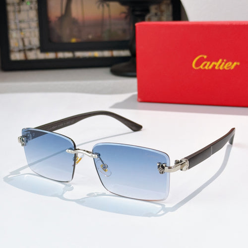 Cartier glasses with blue-tinted lenses and dark frame, gold hinges