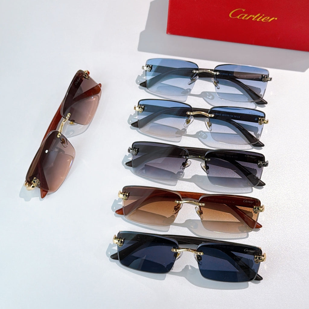 Assorted sunglasses with tinted lenses, black and brown frames, gold hardware