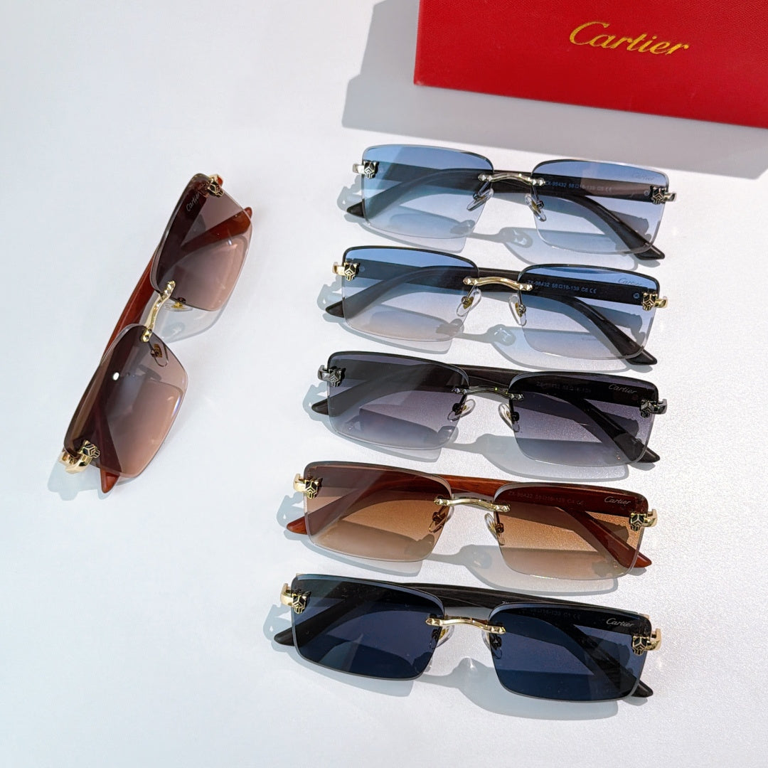 Assorted sunglasses with tinted lenses, black and brown frames, gold hardware