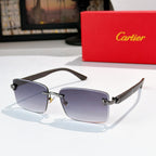 Sunglasses with gray-lavender tinted lenses, dark frame, gold details