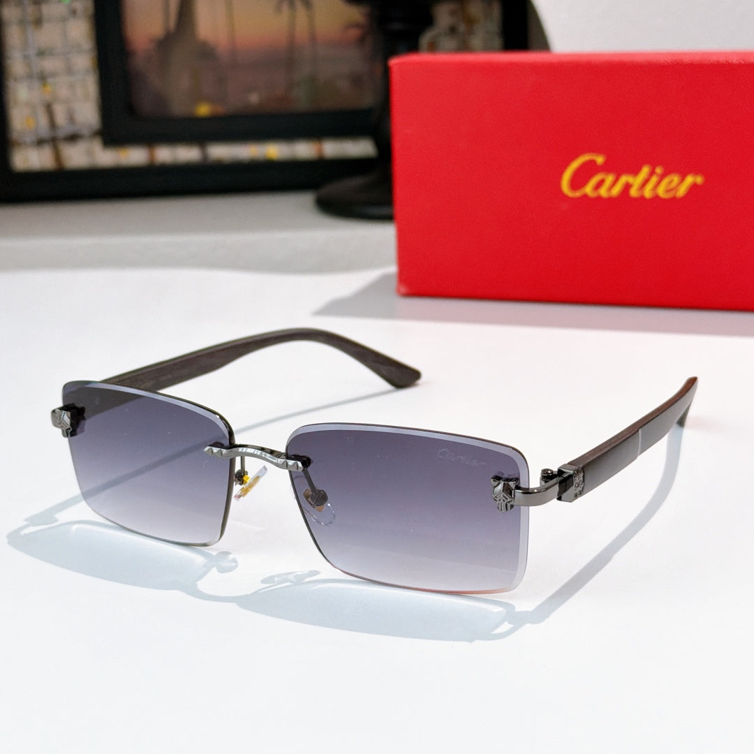 Sunglasses with gray-lavender tinted lenses, dark frame, gold details