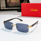 Sunglasses with blue lenses, dark frame, gold hinges and temple tips