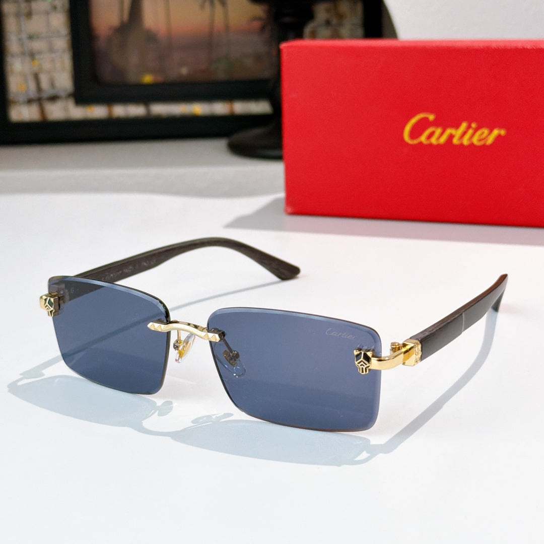 Sunglasses with blue lenses, dark frame, gold hinges and temple tips