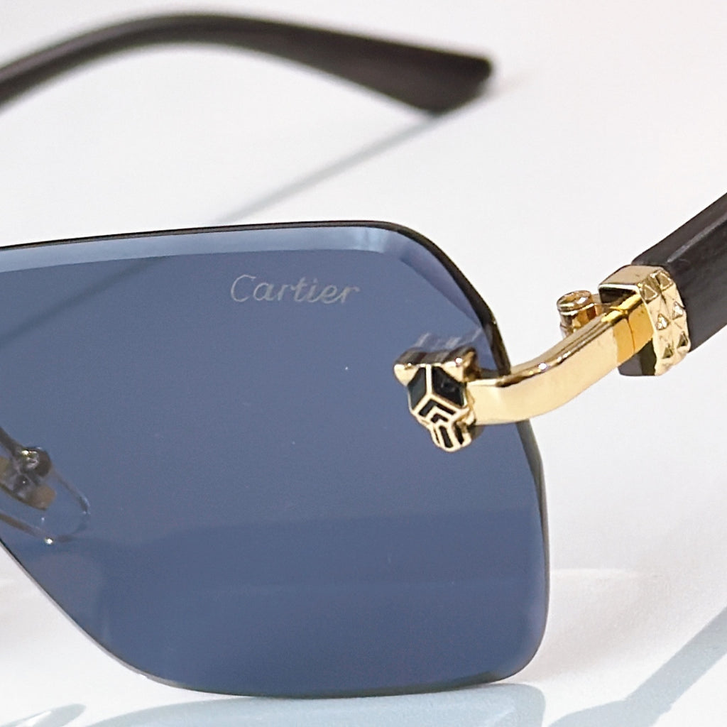 Cartier sunglasses close-up: dark blue lens with gold temple details