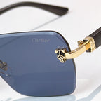 Cartier sunglasses close-up: dark blue lens with gold temple details