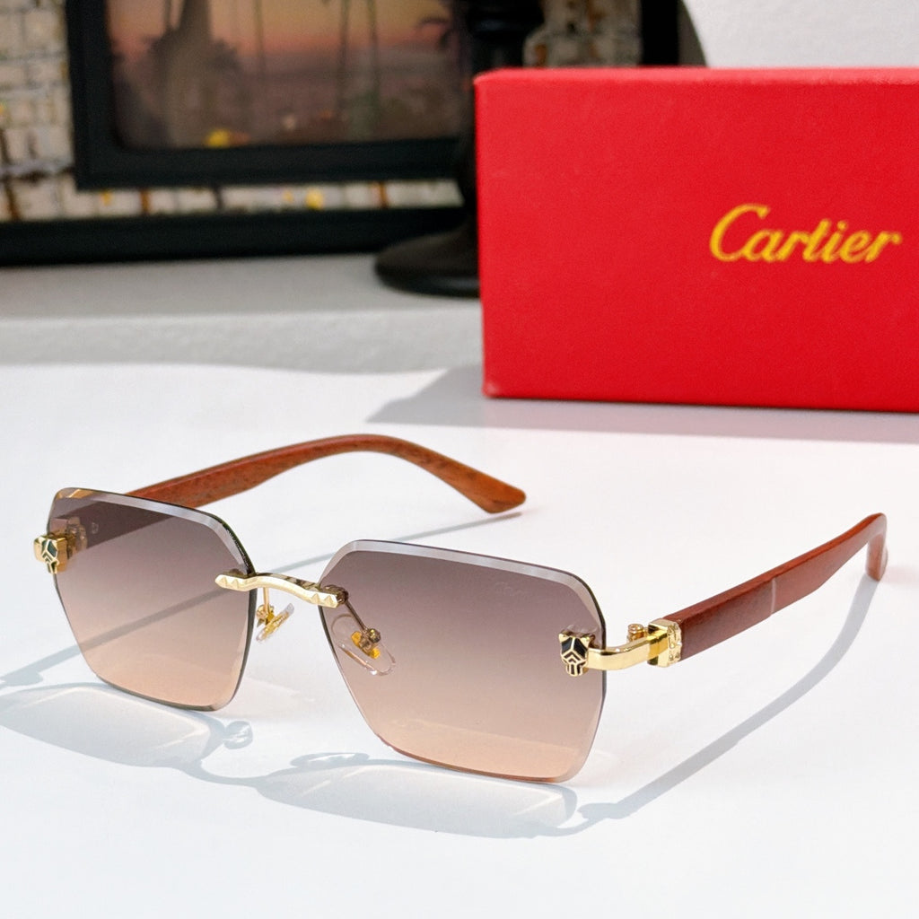 Cartier sunglasses with wood-tone frame and light brown gradient lenses