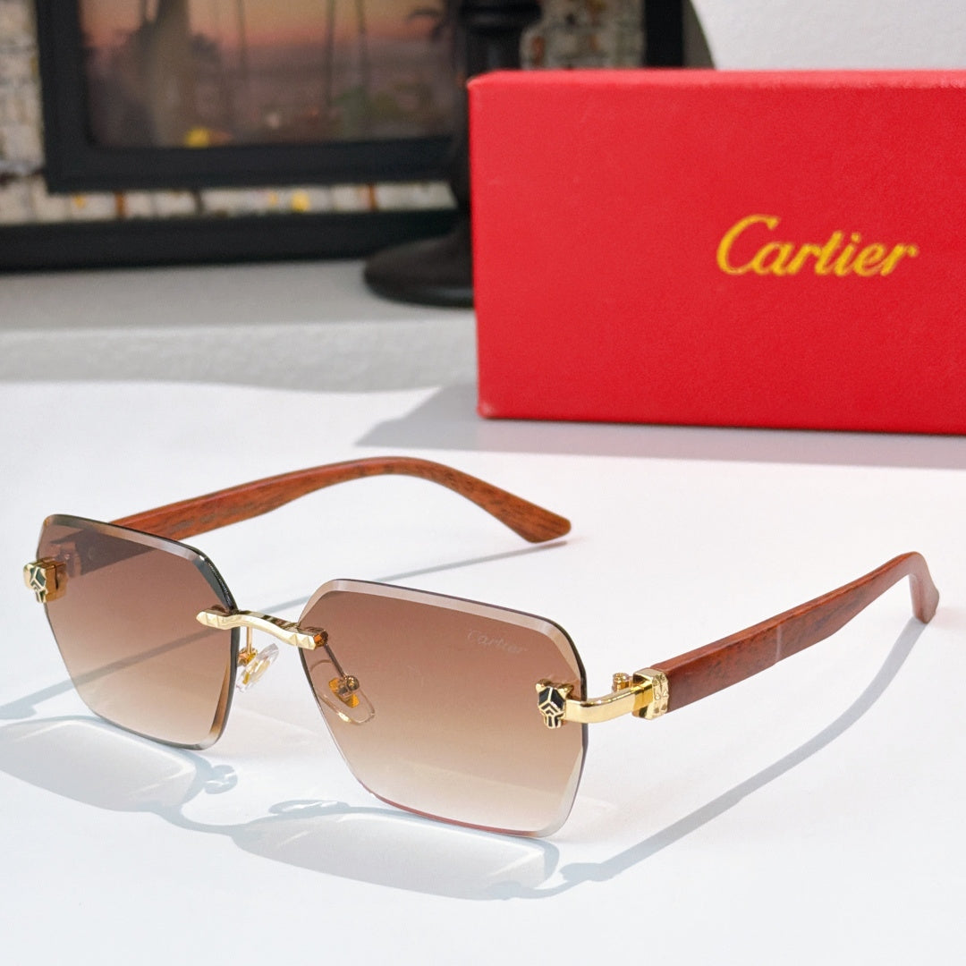 Cartier sunglasses with wood-tone frame and amber gradient lenses