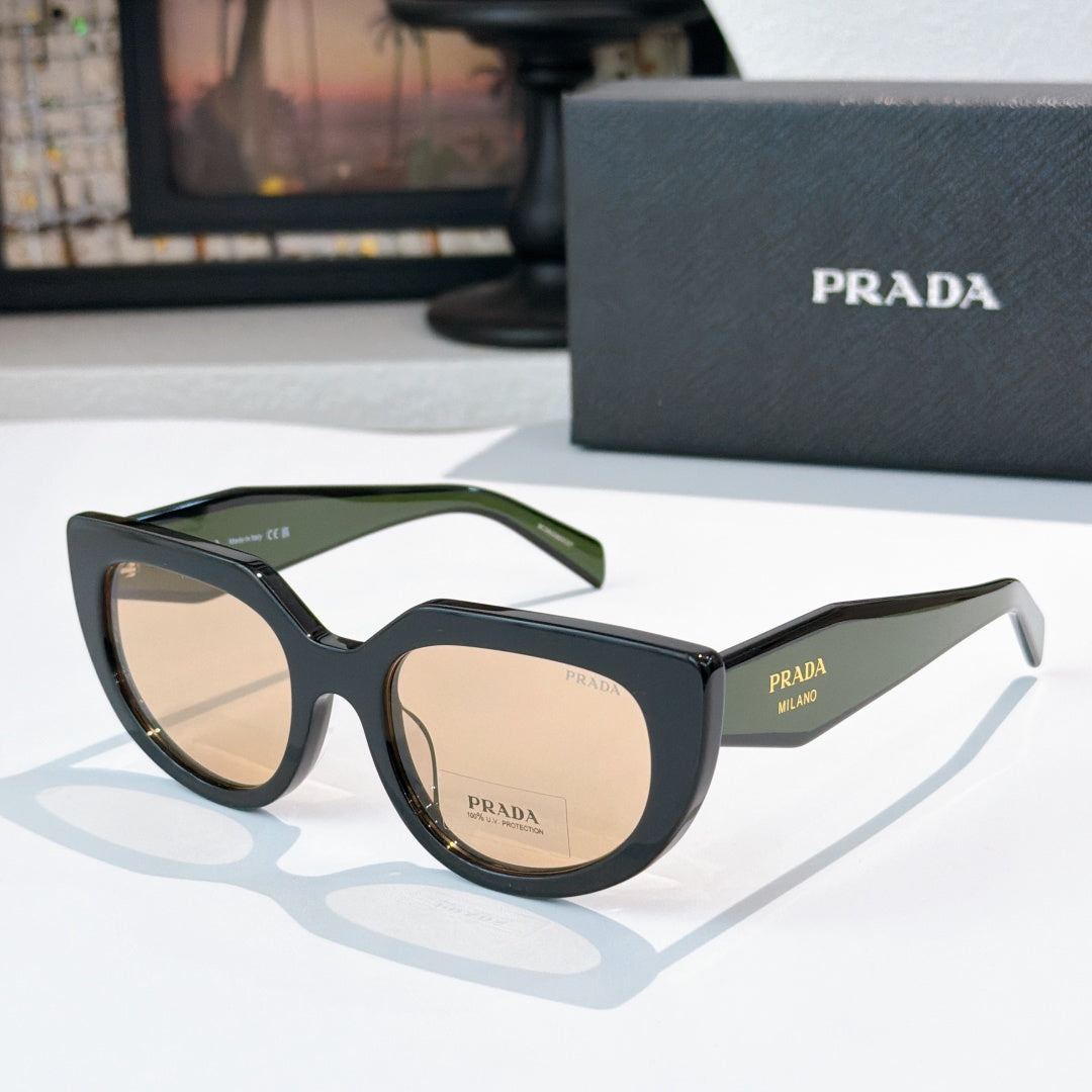 Prada sunglasses with dark frame and light beige lenses, cat-eye style