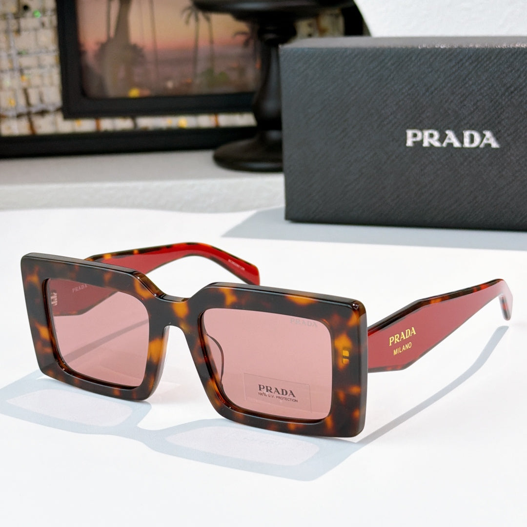 Prada square sunglasses with tortoiseshell frame and pink-tinted lenses