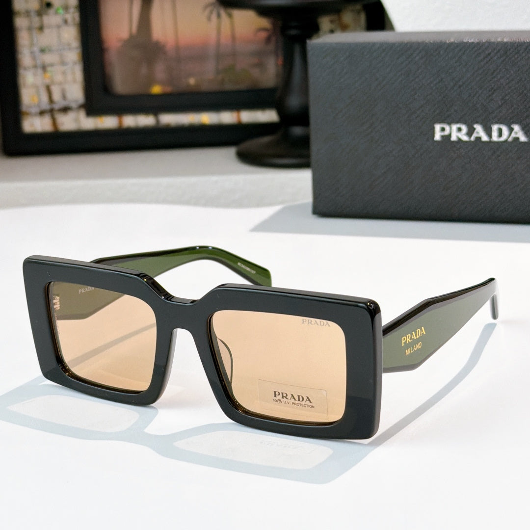 Prada square sunglasses with green frame and beige-tinted lenses